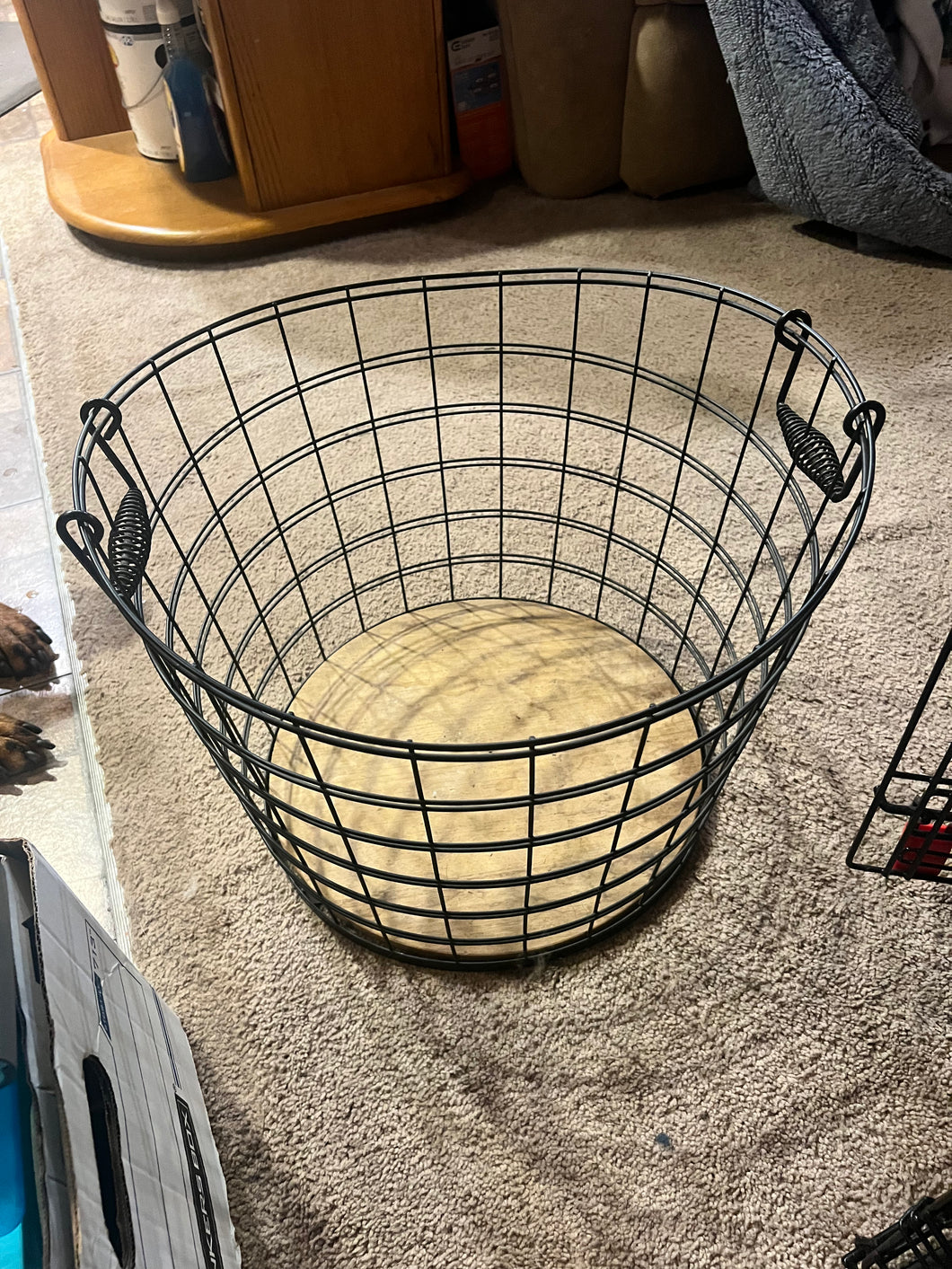 Iron Wire Fruits Round Basket With Mango Wood Base Black Power Coating Finished Large Size