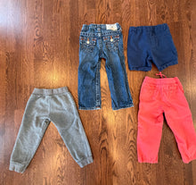 Load image into Gallery viewer, Boys 3t bundle of pants/short. Carters navy chino shirt, gap coral pant, true religion jeans, and gray Gymboree sweatpants. All size 3 t 3T
