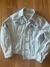 Load image into Gallery viewer, Blank NYC light blue jean jacket size L, ruffle detail on chest pocket.  Pockets on side, ruffle detail on back Large
