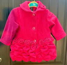 Load image into Gallery viewer, Mack &amp; CO bright pink fleece toddler girl's coat featuring a decorative ruffled hem with rosette details and clear jewel buttons 24 months
