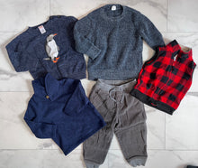 Load image into Gallery viewer, 5pc: 3 sweaters - Penguin, knits; Tea brand corduroys, and Buffalo Checked vest 18 months
