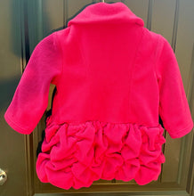 Load image into Gallery viewer, Mack &amp; CO bright pink fleece toddler girl's coat featuring a decorative ruffled hem with rosette details and clear jewel buttons 24 months

