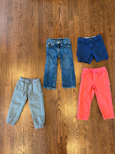 Load image into Gallery viewer, Boys 3t bundle of pants/short. Carters navy chino shirt, gap coral pant, true religion jeans, and gray Gymboree sweatpants. All size 3 t 3T
