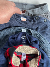 Load image into Gallery viewer, 5pc: 3 sweaters - Penguin, knits; Tea brand corduroys, and Buffalo Checked vest 18 months
