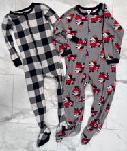 Load image into Gallery viewer, 2 pajama onesies: Old Navy b&amp;w checkered plaid and Gerber Fire Truck Dog print 4T
