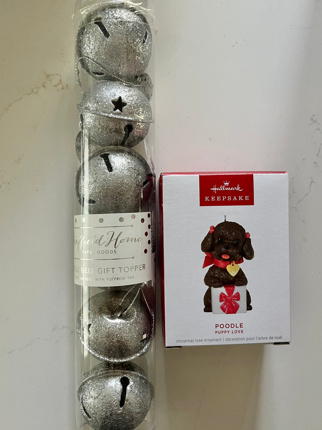 Hallmark puppy ornament + Jingle Bell gift toppers