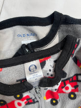 Load image into Gallery viewer, 2 pajama onesies: Old Navy b&amp;w checkered plaid and Gerber Fire Truck Dog print 4T
