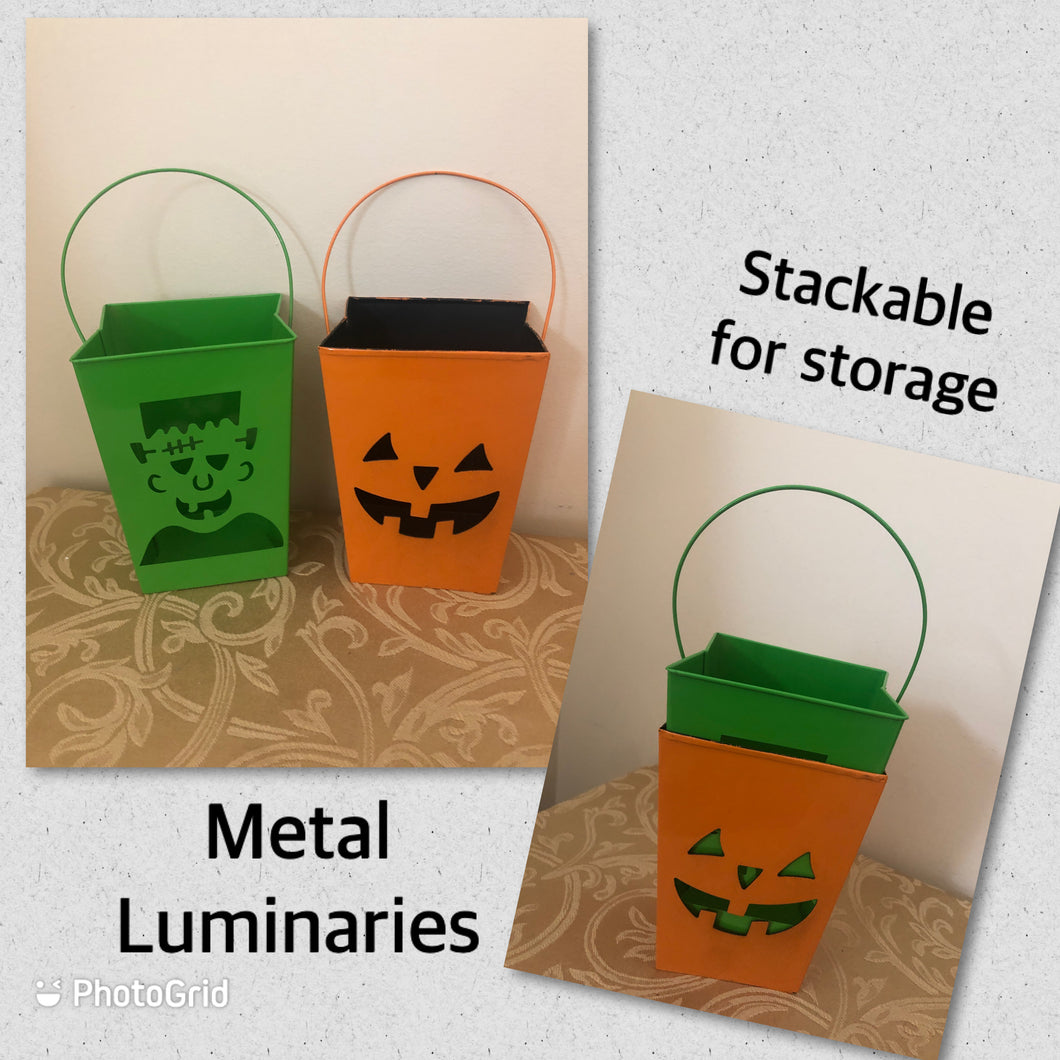 Halloween - 2 Metal Luminaries / Decor / basket.  Orange pumpkin, green Frankenstein with die cut facial features.