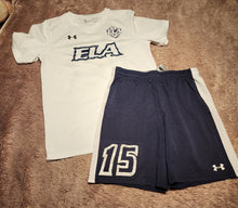Load image into Gallery viewer, Under Armour HeatGear Ela Soccer shorts and jersey, size youth large, white and navy Large
