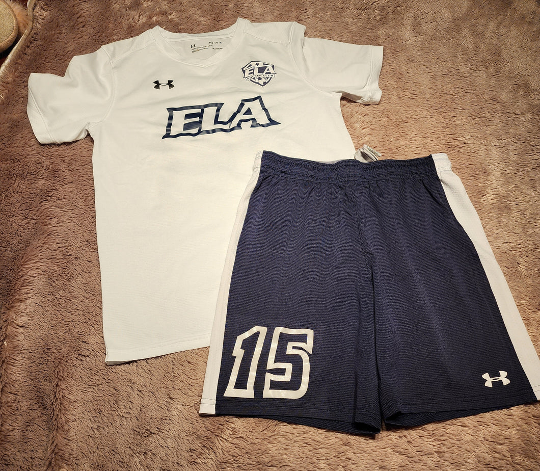 Under Armour HeatGear Ela Soccer shorts and jersey, size youth large, white and navy Large