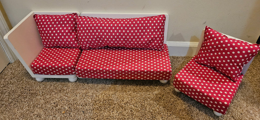 Wooden doll couch, lamp, & chair for 18