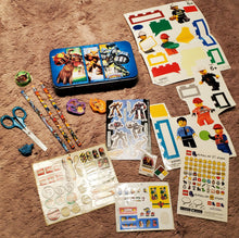 Load image into Gallery viewer, Skylander and Lego school grab bag, metal pencil box, pencils, erasers, sharpener, scissors, stickers
