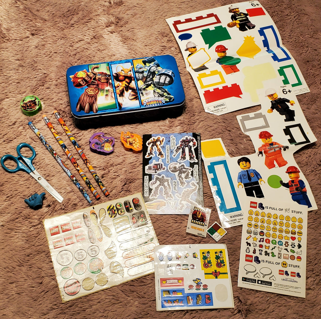 Skylander and Lego school grab bag, metal pencil box, pencils, erasers, sharpener, scissors, stickers