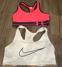 Load image into Gallery viewer, (2) Sports Bras UA Hot Pink Nike White Adult Small
