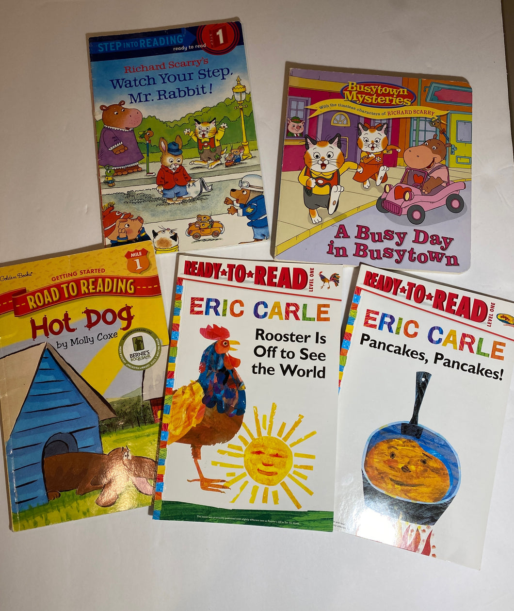 5 Book bundle - 2  Eric Carle books, 2 Richard Scarry Busytown books, Hot Dog easy readers