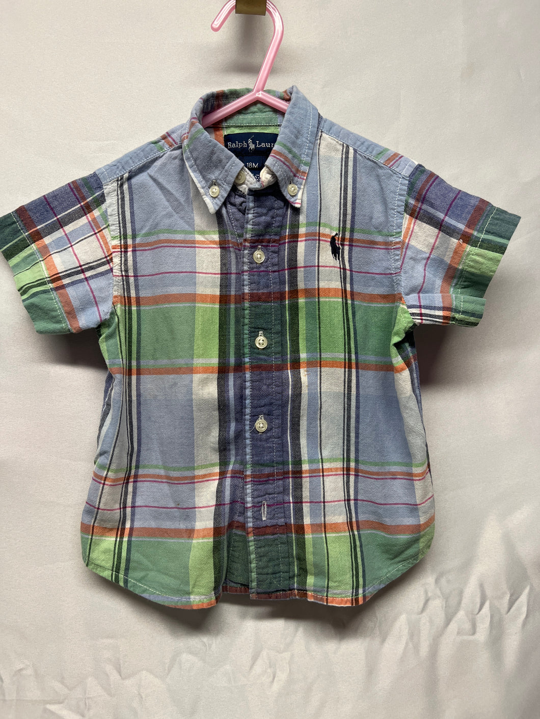 Ralph Lauren button up collared shirt, blue, green, and orange plaid 18 months