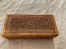Load image into Gallery viewer, Vintage Handcrafted in India Wood Carved Floral Design Brass Inlay Small Rectangular Lidded Box One Size
