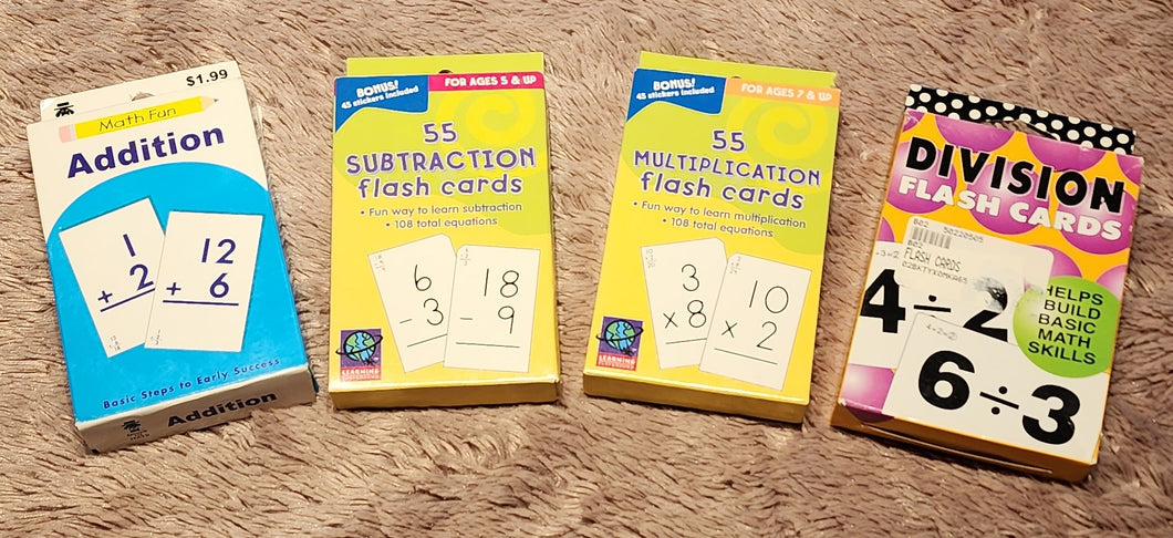 Math flash cards, lot of 4, addition, subtraction, multiplication, division