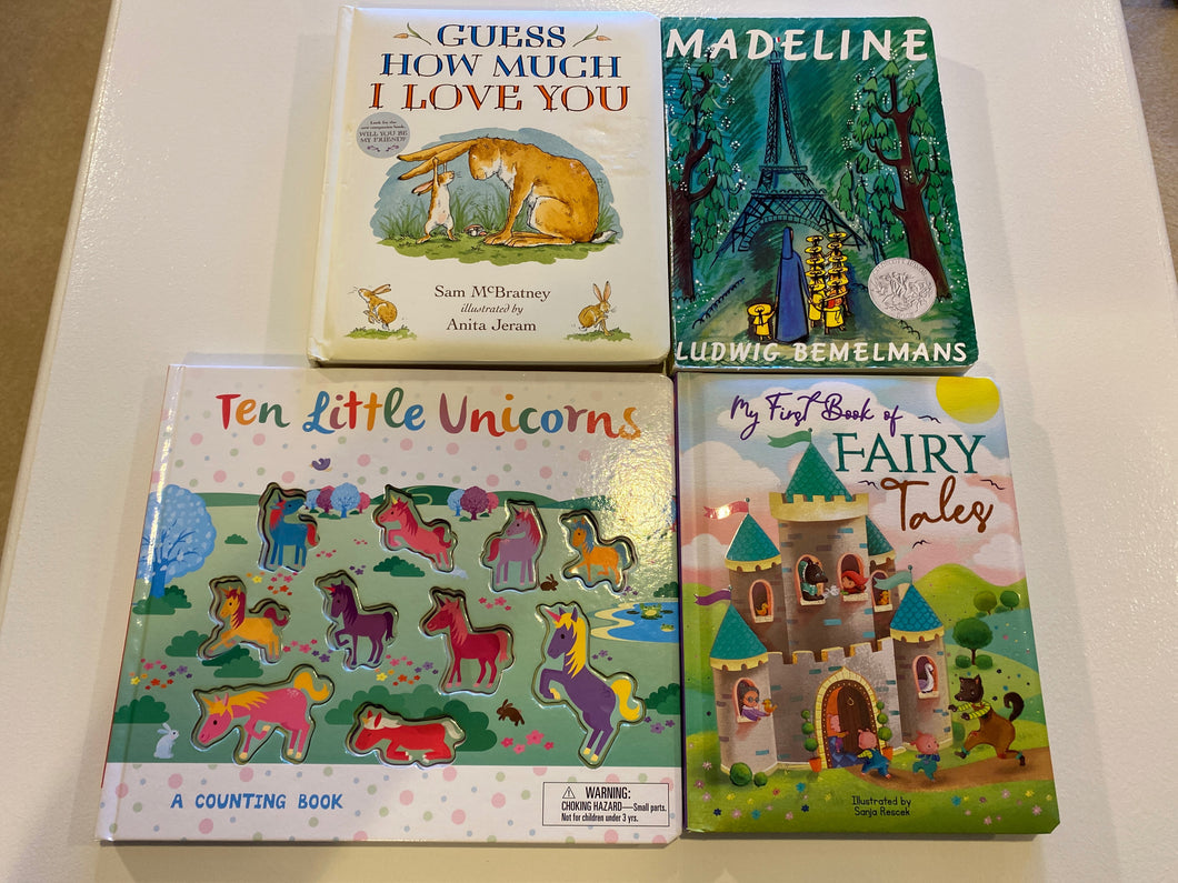 4 Girl Board Books: Guess How Much I Love You, Madeline, Ten Little Unicorns, My First Book of Fairy Tales