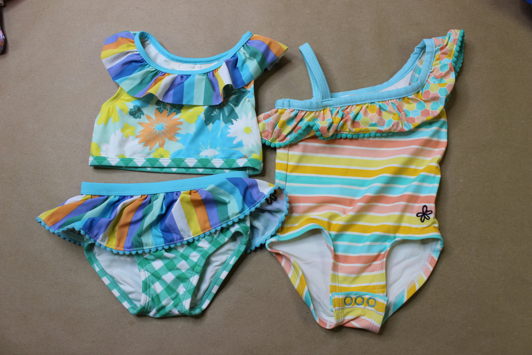 Matilda Jane Clothing set of two swim suits 6-12 months  One piece striped suit with snaps for each diaper on and off and one two-piece swim suit with ruffle 6 months