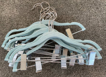 Load image into Gallery viewer, 10x Light Blue Velvet Hangers with Movable Clips for Baby/Toddler Clothes, Slip-Resistant, Space-Saving for Pants, Leggings, Skirts, Shorts, Jackets, 360 Degree Swivel Hook (12x8 in)
