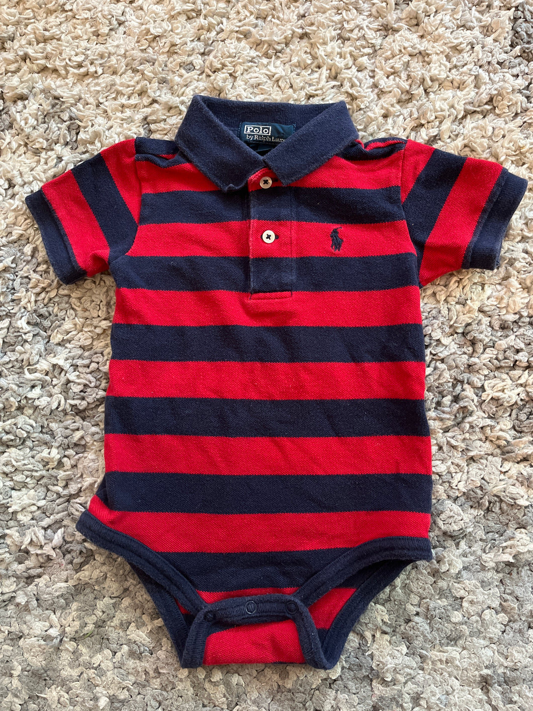 Ralph Lauren red and navy stripe polo onesie 12 months