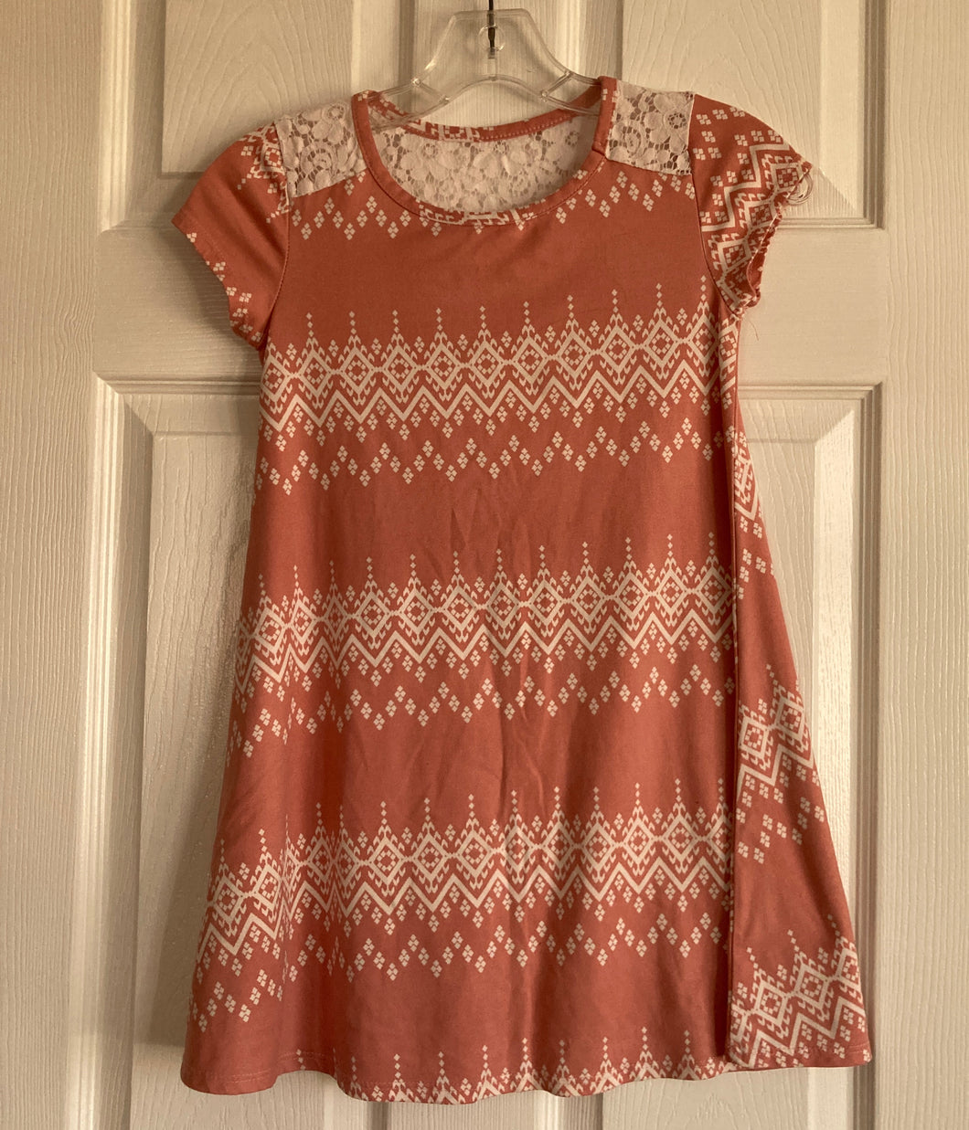 Between pink print dress, cotton very soft knit, short sleeve, lace insert upper back 8