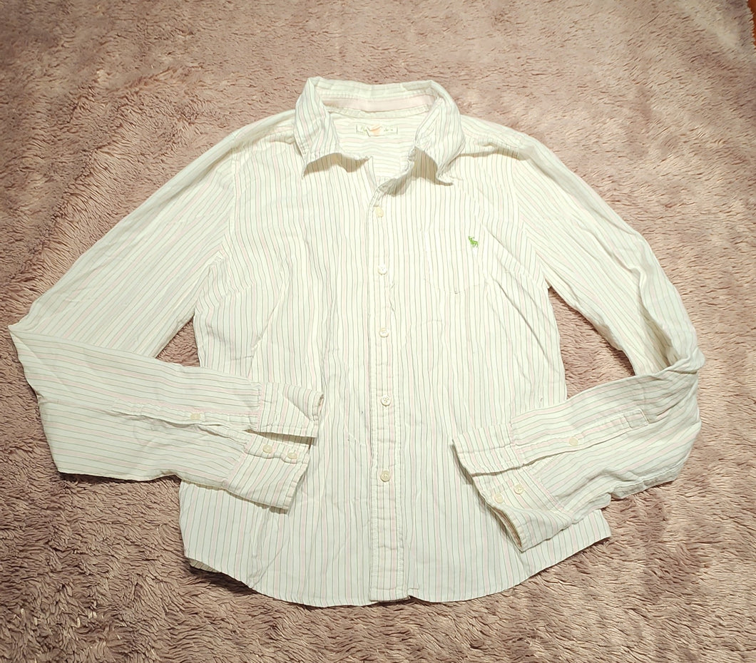 Abercrombie button up shirt, size medium, white with green and pink stripes Adult Medium