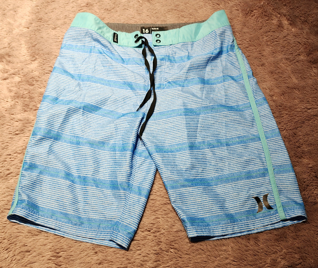 Hurley blue striped swim trunks, size boys 16, ties  16