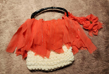 Load image into Gallery viewer, White Knit purse with coral ribbon trim and black handles
