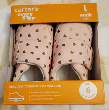 Load image into Gallery viewer, NIB - size 6 - Carter&#39;s Every Step Stage 3 shoes - light pink with gold hearts 6
