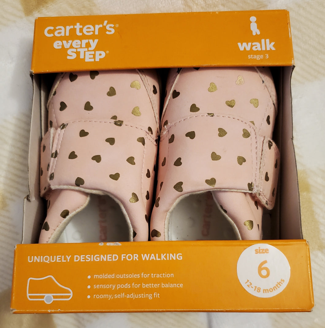 NIB - size 6 - Carter's Every Step Stage 3 shoes - light pink with gold hearts 6