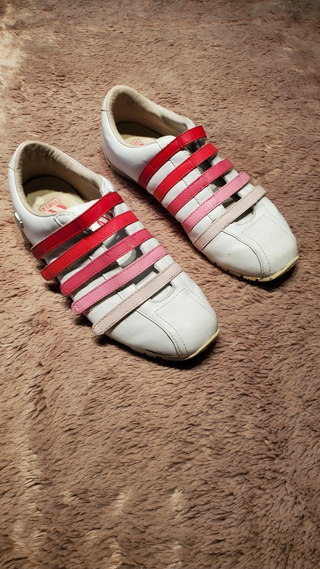 K-Swiss shoes, size 7.5, leather white with pink ombre straps 7.5