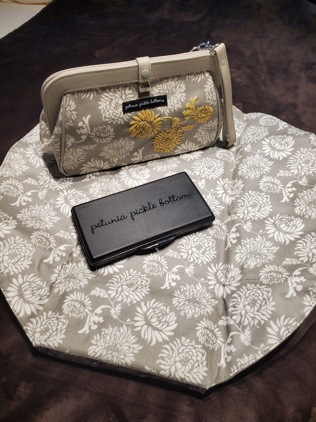 Petunia Pickle Bottom gray and yellow floral diaper bag cross town clutch wristlet
