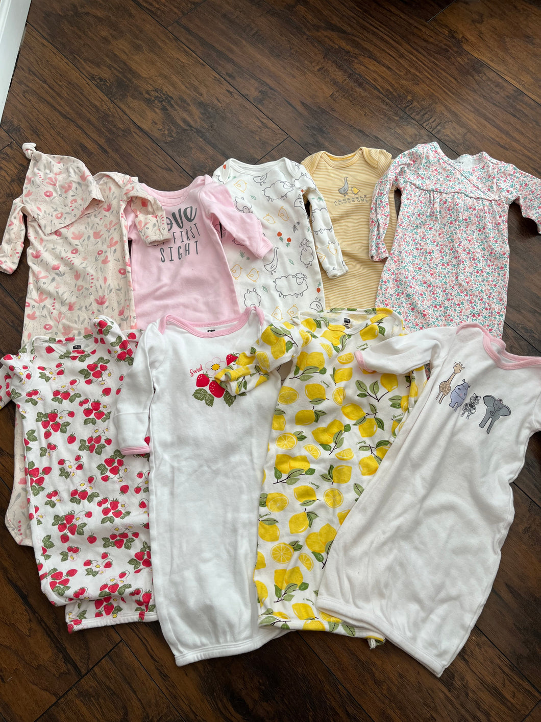 Bundle of 9 Infant Gowns Size 0-6 months. Brands include Carter's, Aden & Anais, Gigi and Max, and HB. 3 months