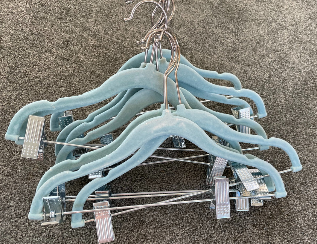 10x Light Blue Velvet Hangers with Movable Clips for Baby/Toddler Clothes, Slip-Resistant, Space-Saving for Pants, Leggings, Skirts, Shorts, Jackets, 360 Degree Swivel Hook (12x8 in)