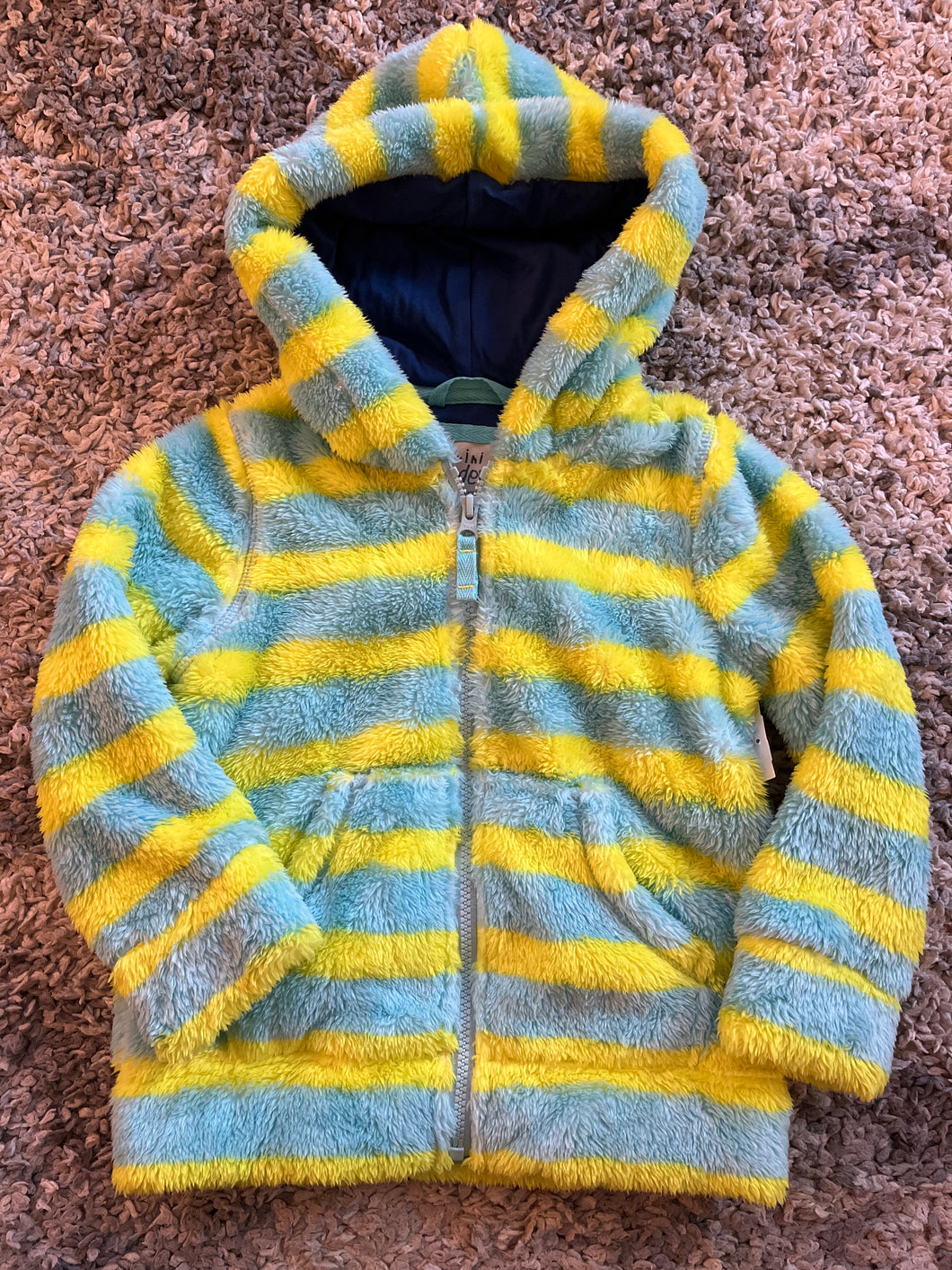 Mini Boden yellow and blue stripe zip jacket with hood 4