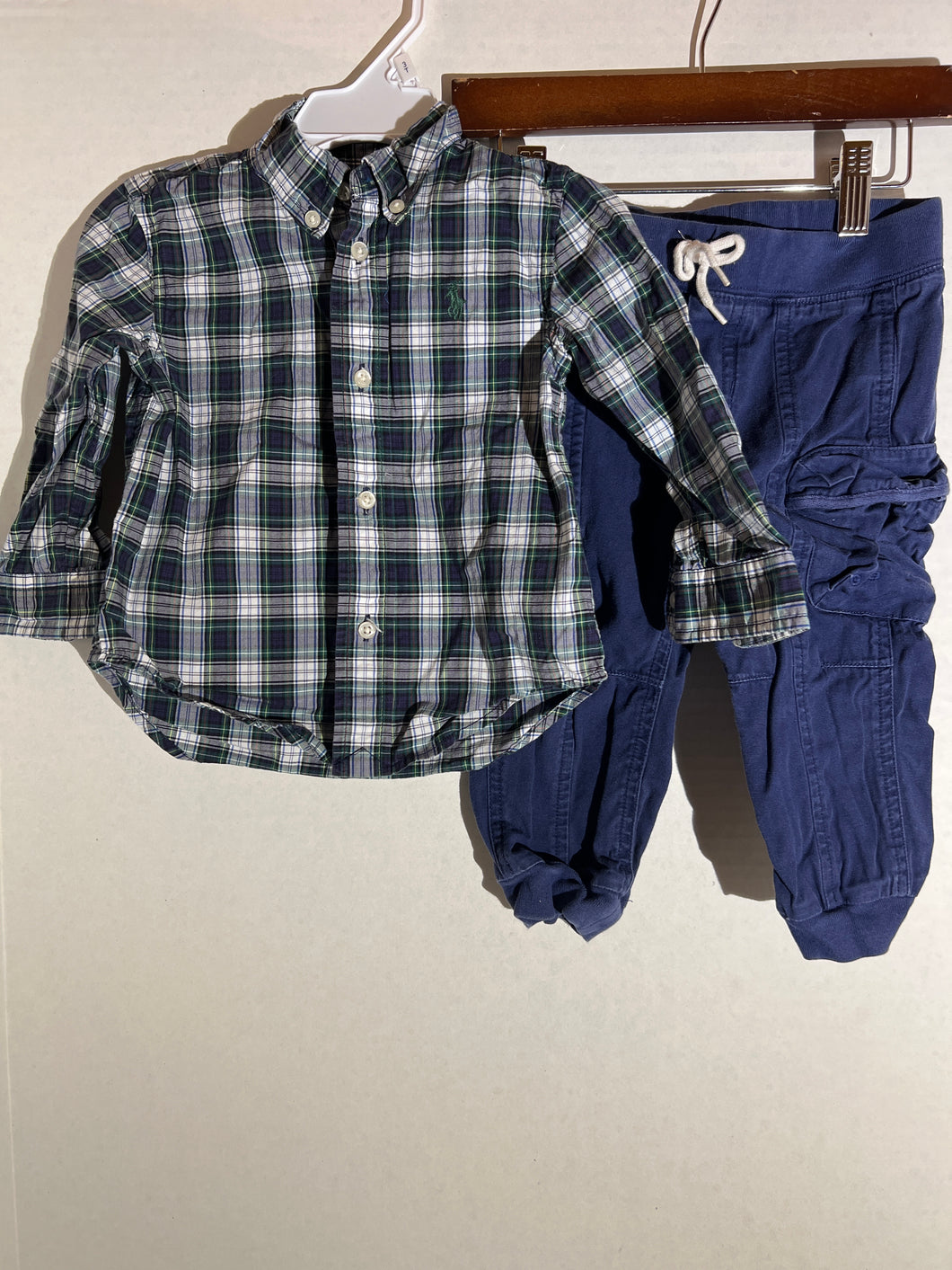 Ralph Lauren two-piece outfit green and blue plaid button up shirt with matching blue pants zipper pockets 18 months