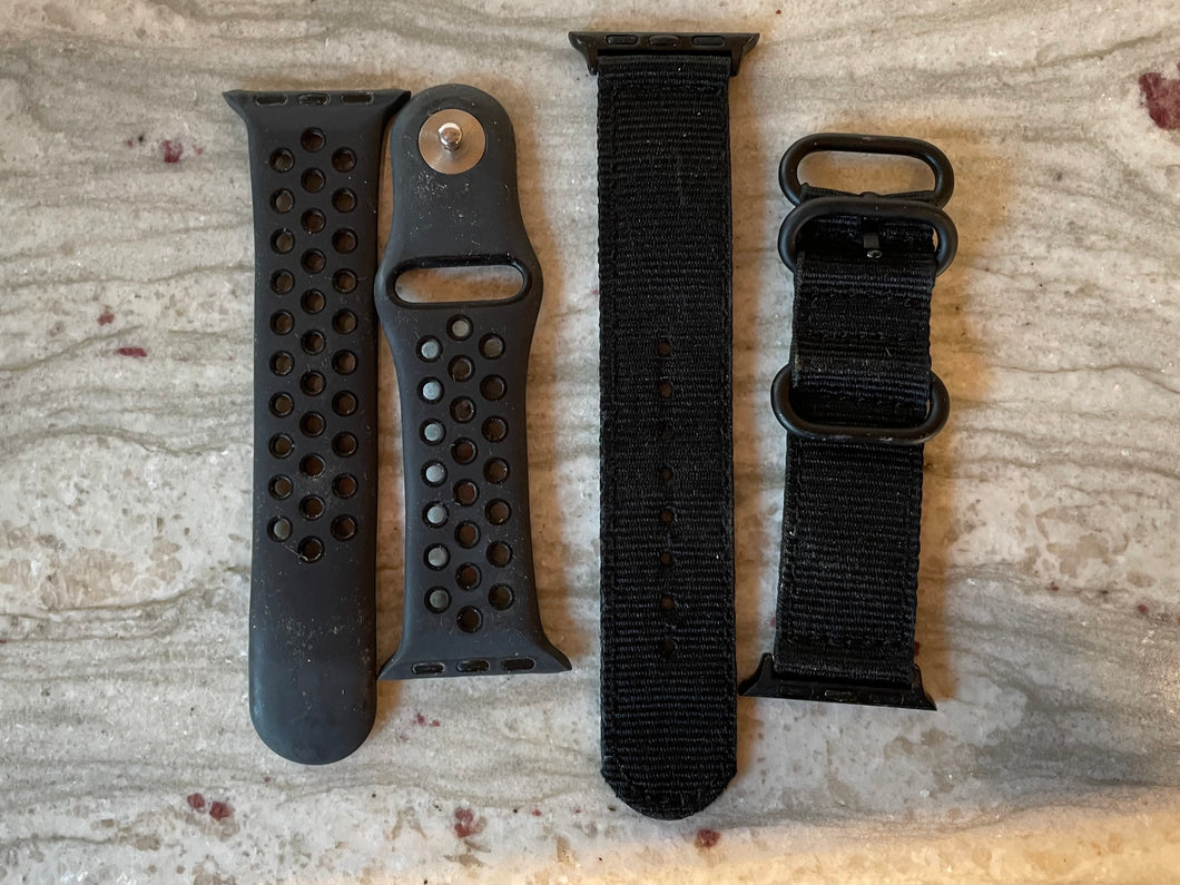 Watch bands to fit Apple watch sized 38mm - 2 bands: black sport and black nylon