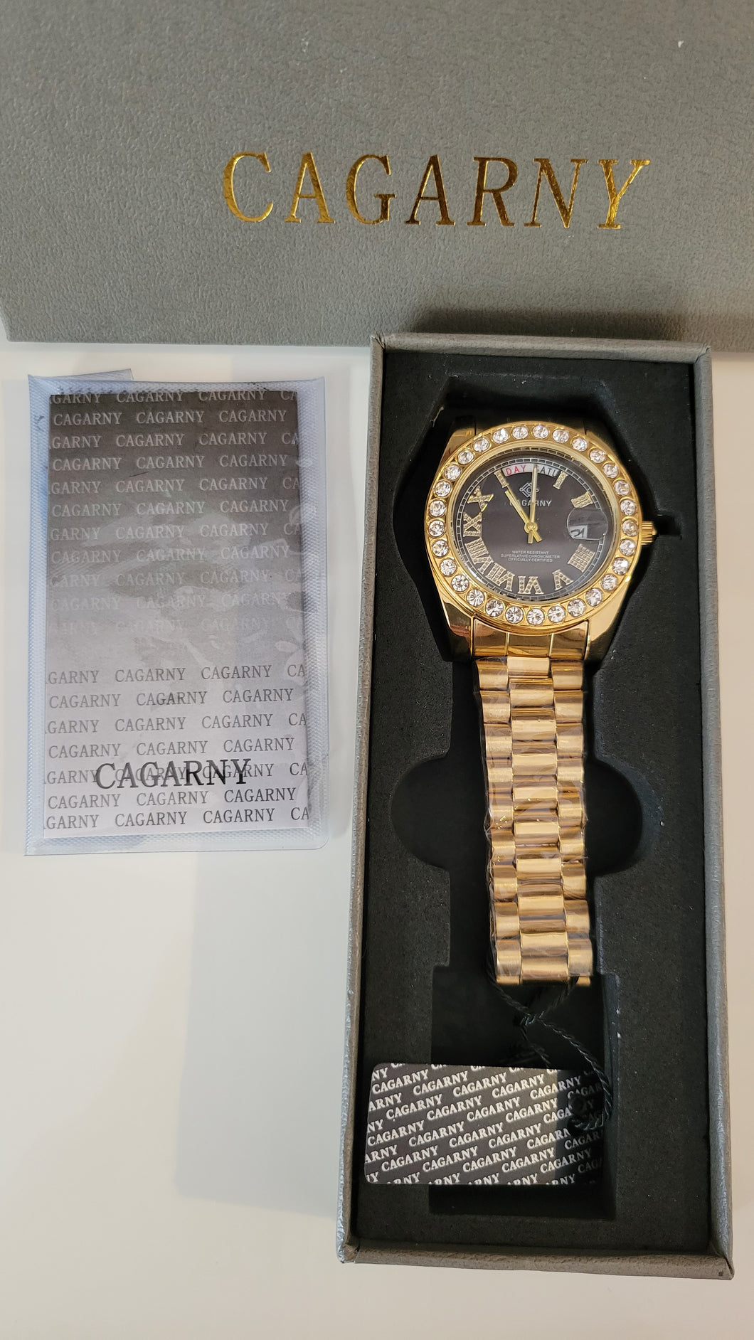 NIB Cagarny Crystal-Diamond Gold Watch waterproof men's watch