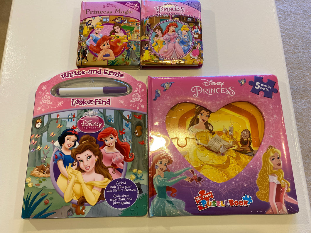 4 Disney Princess Books: 2 Look & Find, Write & Erase, Puzzle