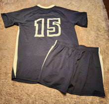 Load image into Gallery viewer, Under Armour HeatGear Ela Soccer jersey shirt ans shorts, size adult medium, navy Adult Medium
