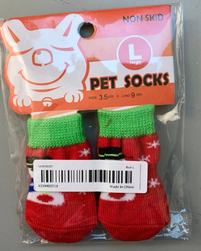 Non-Skid Pet Socks Red with Snowmen