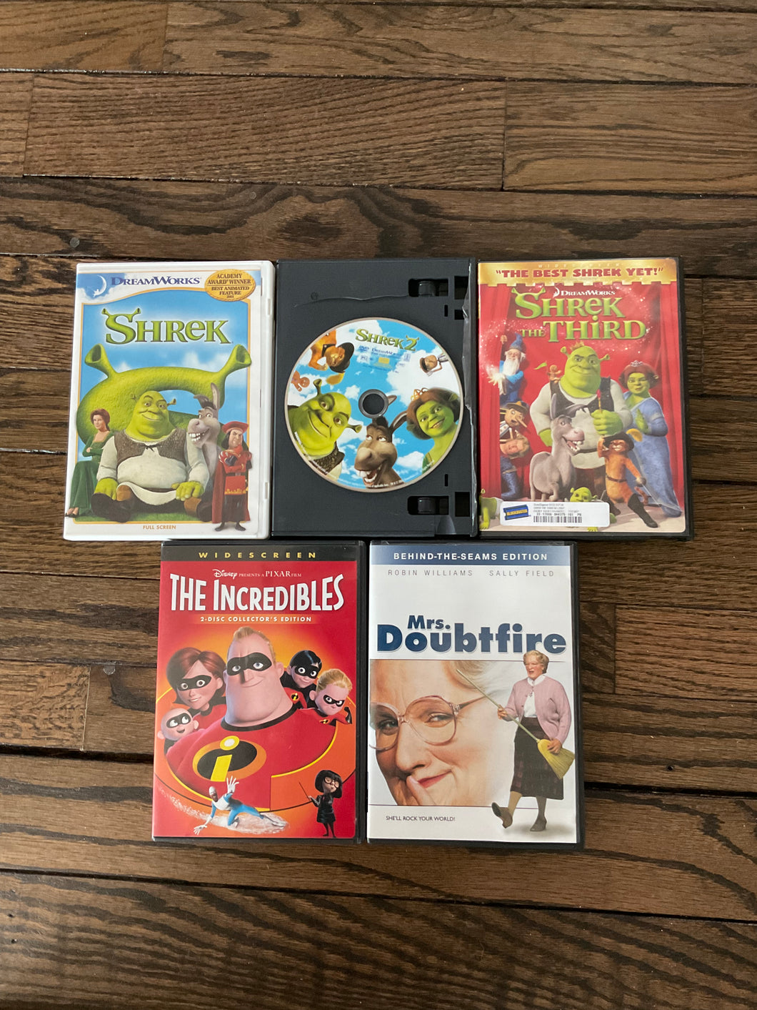 5 DVDs Shrek I, II, and III, The Invincibles, Mrs. Doubtfire