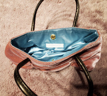 Load image into Gallery viewer, Victoria&#39;s Secret small pink velvet purse with baby blue satin interior, leather straps

