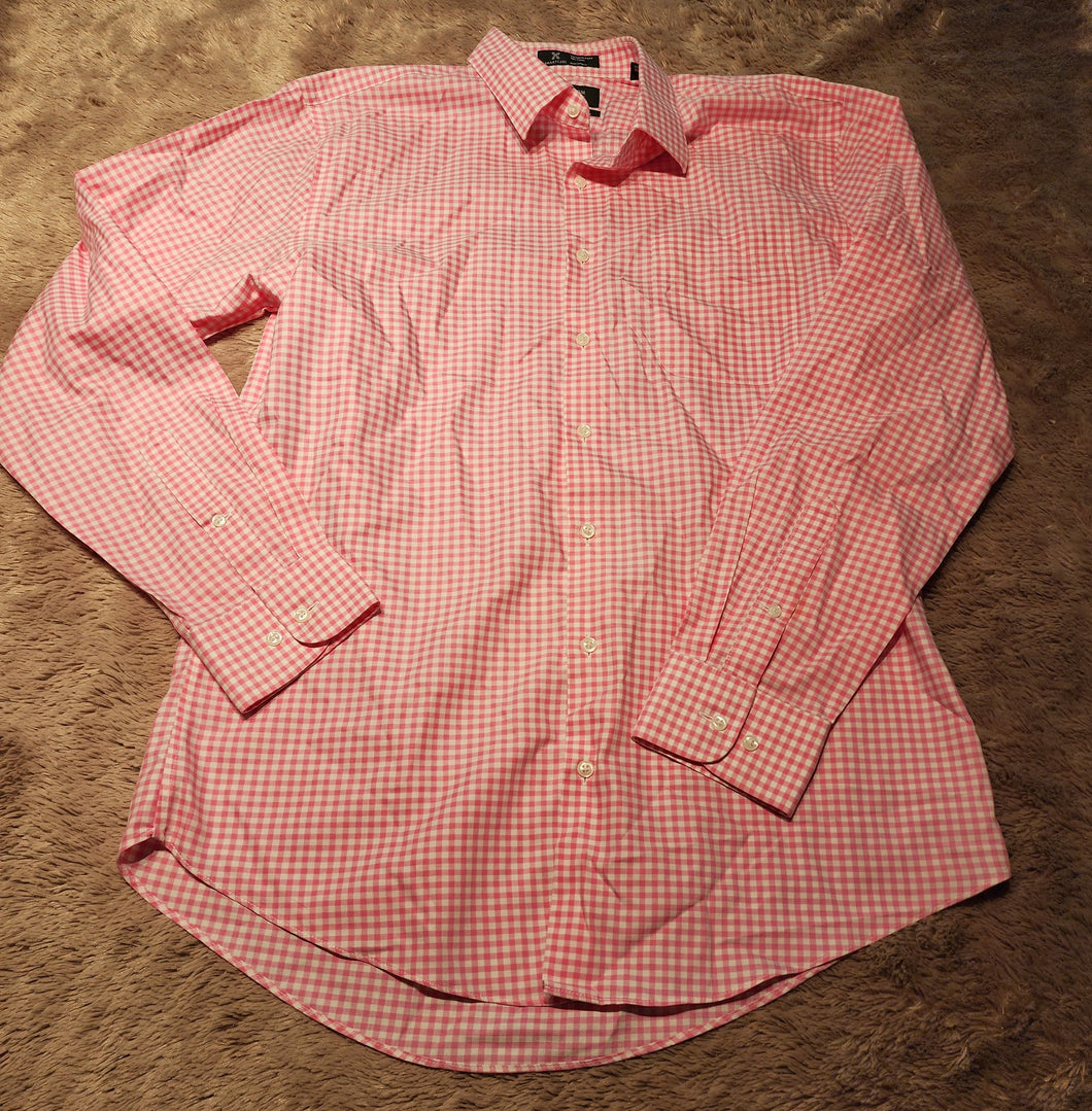 Nordstrom Men's Shop pink and white gingham button up shirt, size 16, 34-35, trim fit Adult Medium