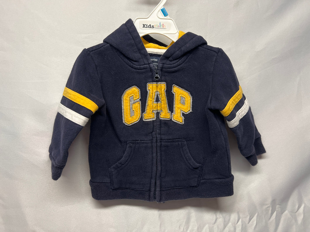 BabyGap blue zip up hooded sweatshirt with yellow hood and writing 6 months
