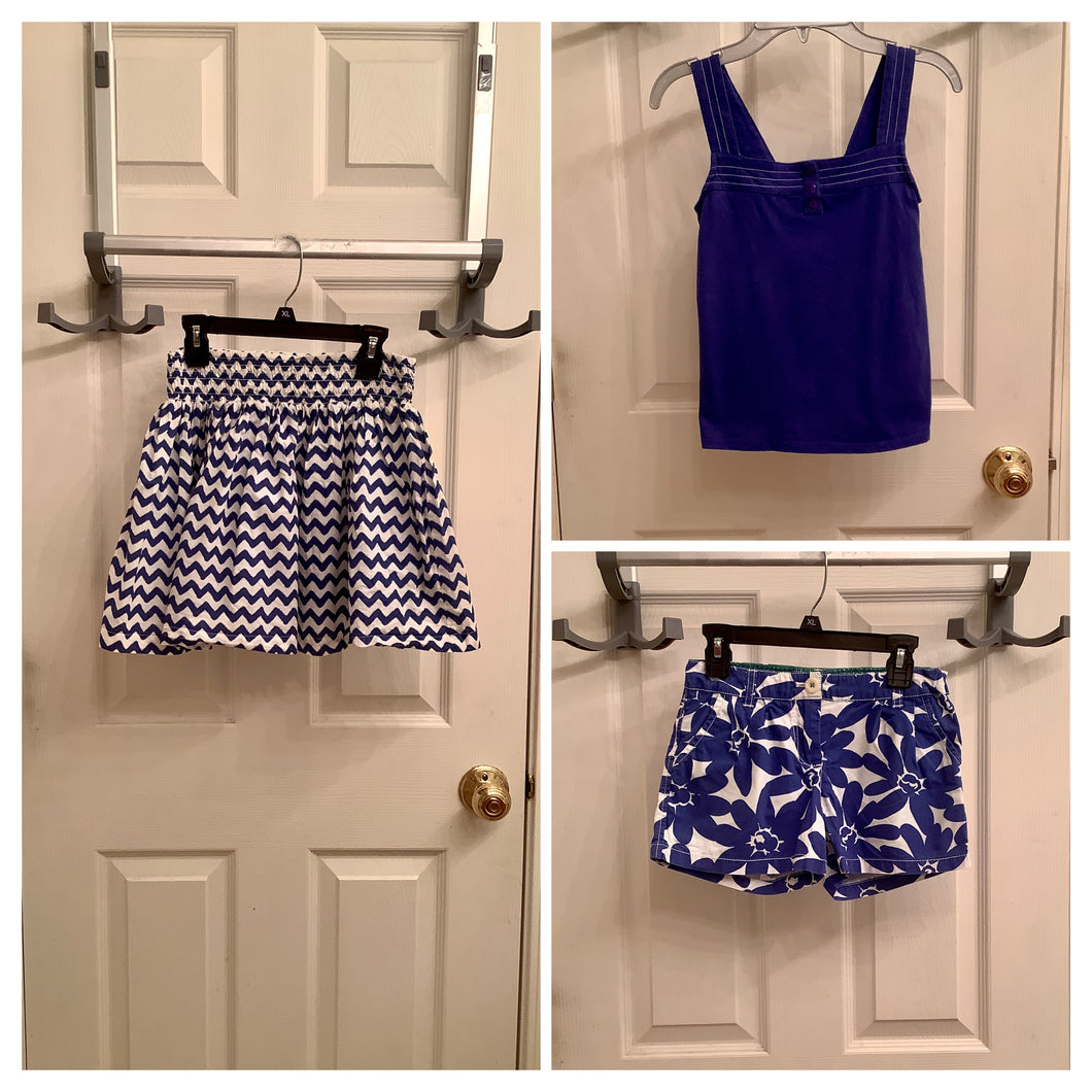 Three Piece Set: Mini Boden White with Blue Flowers Shorts, Johnnie B. Blue and White Chevron Skirt (Lined), and L.L. Bean Blue Tank Top   9