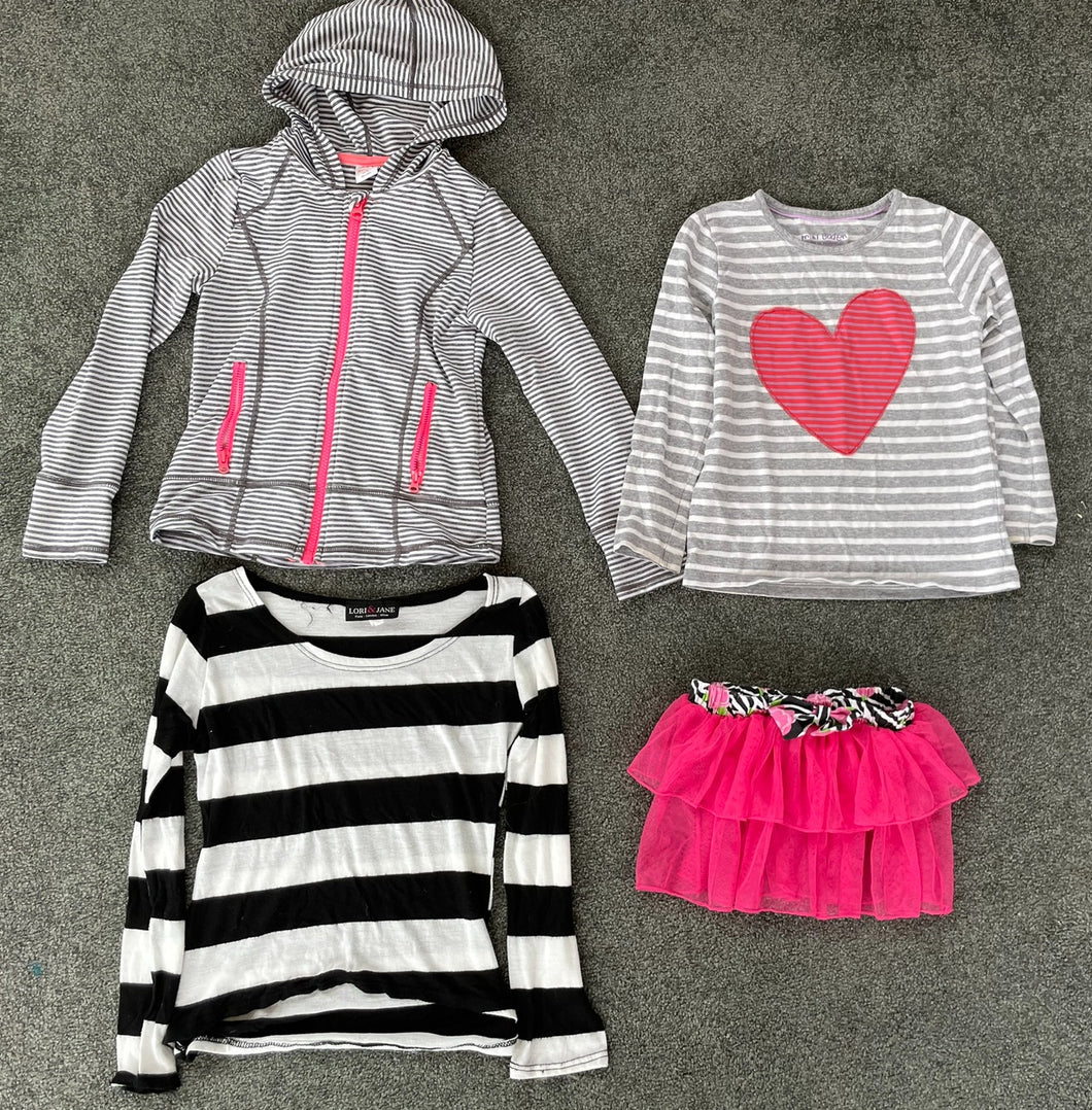 S.W.A.K. 5/6 Sheer Tutu Style Skirt, Lori & Jane Black White Striped Long Sleeve Shirt, Mini Boden 5/6 Gray White Striped Heart Shirt, GymGo 5/6 Hoodie 5T