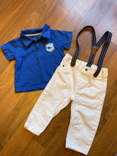 Load image into Gallery viewer, Carters size 6-9 months blue polo with white denim with suspenders  9 months
